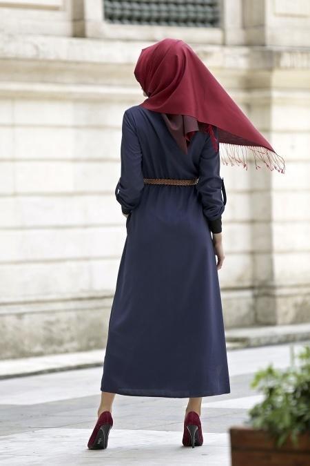Neva Style - Belden Büzgülü Lacivert Elbise - 3