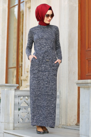 Neva Style - Belden Büzgülü Lacivert Tesettür Elbise 22091L - Thumbnail