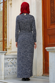 Neva Style - Belden Büzgülü Lacivert Tesettür Elbise 22091L - Thumbnail