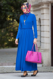 Neva Style - Belden Büzgülü Sax Mavisi Elbise - Thumbnail