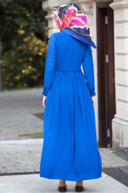 Neva Style - Belden Büzgülü Sax Mavisi Elbise - Thumbnail
