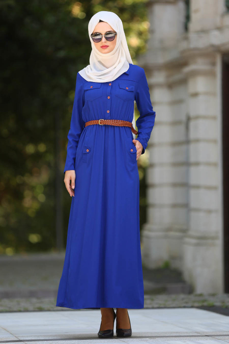 Neva Style - Belden Büzgülü Sax Mavisi Elbise