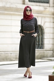 Neva Style - Belden Büzgülü Siyah Elbise - Thumbnail
