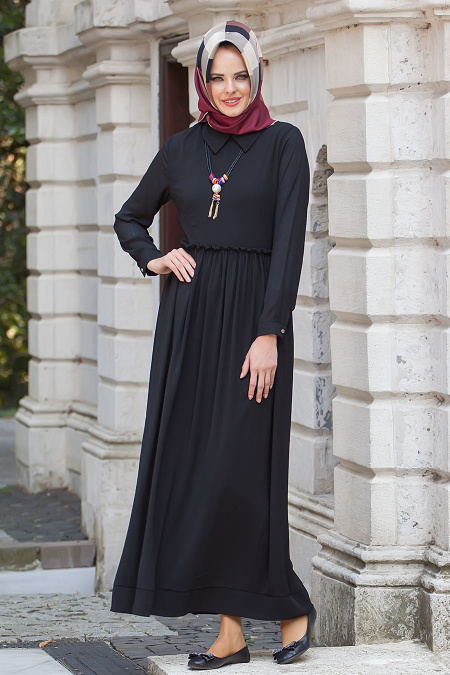 Neva Style - Belden Büzgülü Siyah Elbise