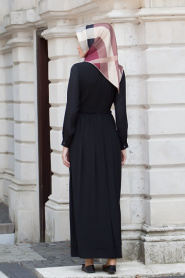 Neva Style - Belden Büzgülü Siyah Elbise - Thumbnail