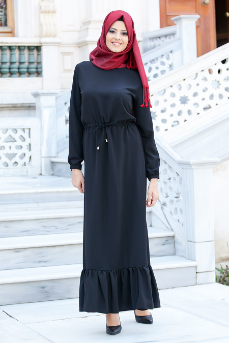 Neva Style - Belden Büzgülü Siyah Elbise