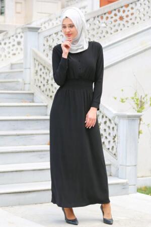 Neva Style - Belden Büzgülü Siyah Elbise 7060S - 1