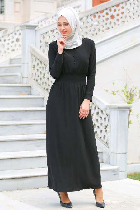 Neva Style - Belden Büzgülü Siyah Elbise 7060S