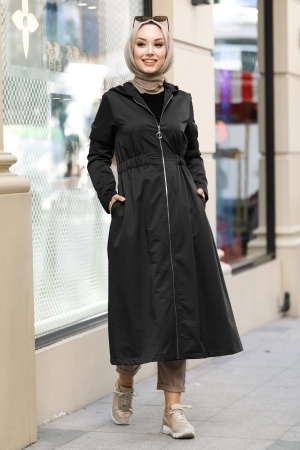 Neva Style - Belden Büzgülü Siyah Tesettür Astarlı Kap 8895S - 1