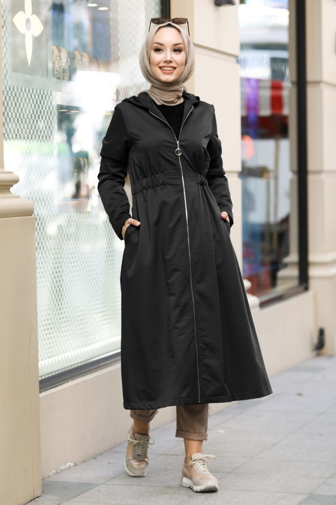 Neva Style - Belden Büzgülü Siyah Tesettür Astarlı Kap 8895S - 1