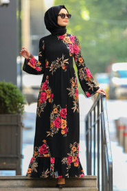 Neva Style - Belden Büzgülü Siyah Tesettür Elbise 17549S - Thumbnail