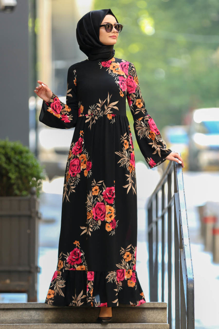 Neva Style - Belden Büzgülü Siyah Tesettür Elbise 17549S