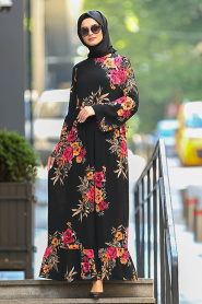 Neva Style - Belden Büzgülü Siyah Tesettür Elbise 17549S - Thumbnail