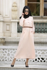 Neva Style - Belden Büzgülü Somon Elbise - Thumbnail