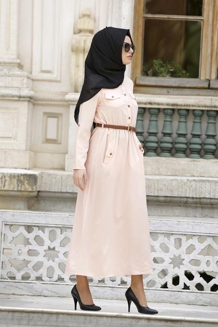 Neva Style - Belden Büzgülü Somon Elbise - 2