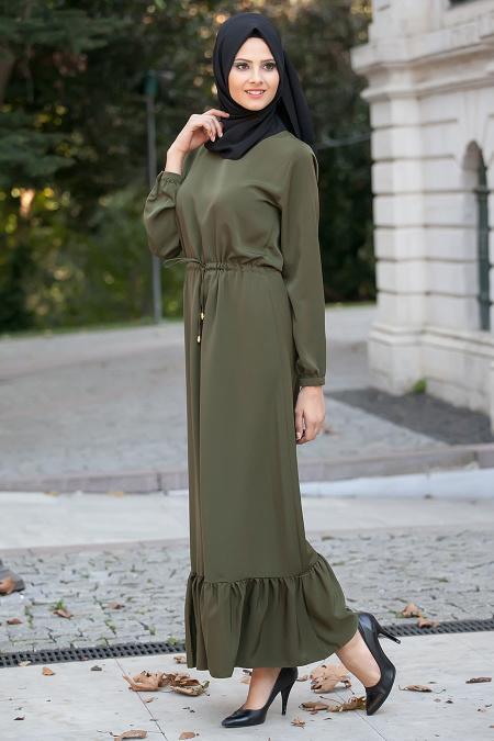 Neva Style - Belden Büzgülü Yeşil Elbise - 2