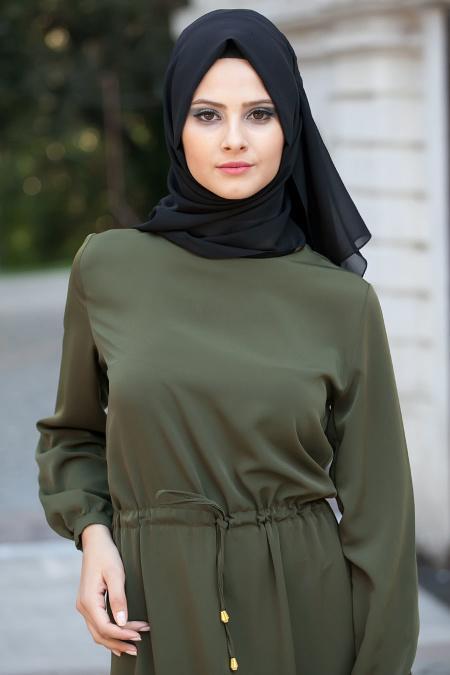 Neva Style - Belden Büzgülü Yeşil Elbise - 3