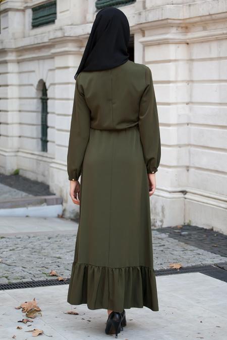 Neva Style - Belden Büzgülü Yeşil Elbise - 4
