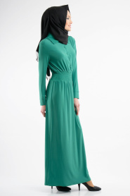 Neva Style - Belden Büzgülü Yeşil Elbise 7060Y - Thumbnail
