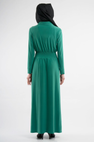 Neva Style - Belden Büzgülü Yeşil Elbise 7060Y - Thumbnail