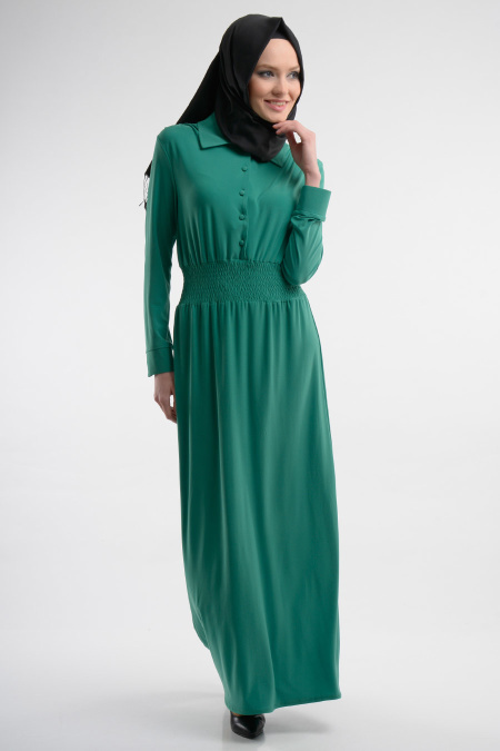 Neva Style - Belden Büzgülü Yeşil Elbise 7060Y