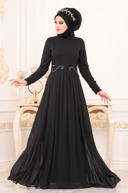 Neva Style - Beli Boncuk Detaylı Siyah Tesettür Abiye Elbise 3587S