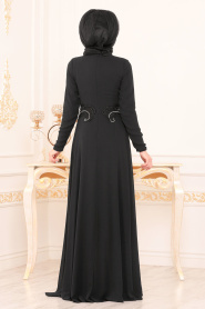 Neva Style - Beli Boncuk Detaylı Siyah Tesettür Abiye Elbise 3587S - Thumbnail