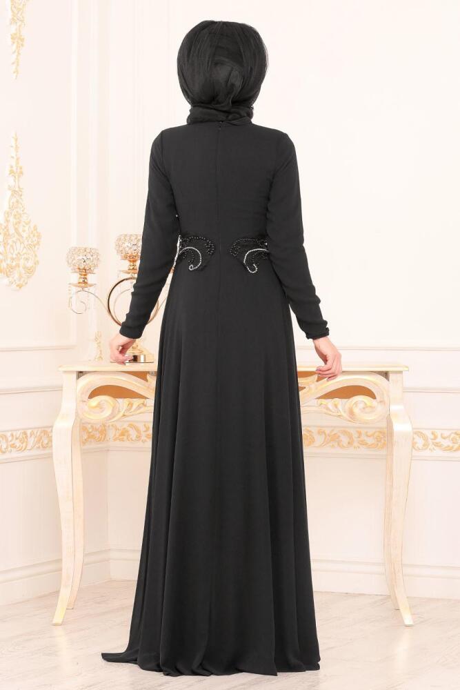 Neva Style - Beli Boncuk Detaylı Siyah Tesettür Abiye Elbise 3587S - 3