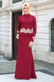 Neva Style - Beli Çiçek Dantelli Kırmızı Tesettür Abiye Elbise 10048K - Thumbnail