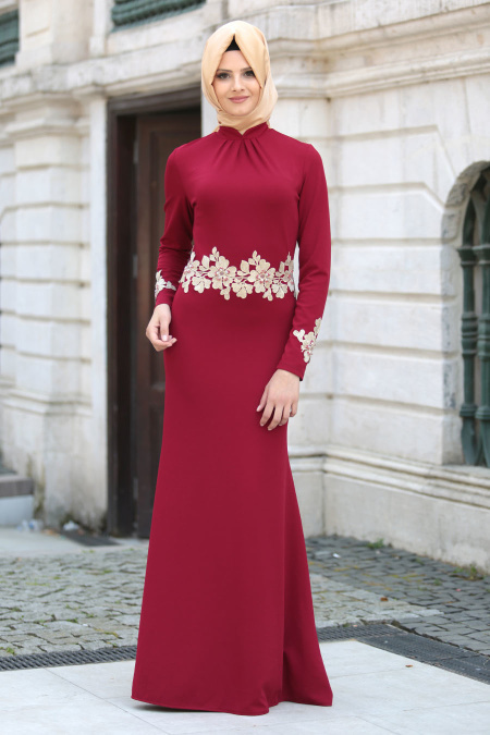 Neva Style - Beli Çiçek Dantelli Kırmızı Tesettür Abiye Elbise 10048K