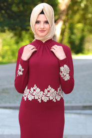 Neva Style - Beli Çiçek Dantelli Kırmızı Tesettür Abiye Elbise 10048K - Thumbnail