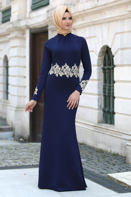 Neva Style - Beli Çiçek Dantelli Lacivert Tesettür Abiye Elbise 10048L
