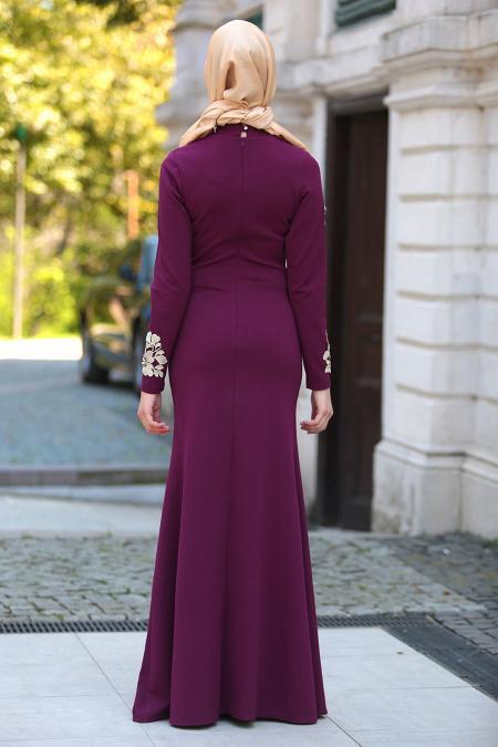 Neva Style - Beli Çiçek Dantelli Mürdüm Tesettür Abiye Elbise 10048MU - 3