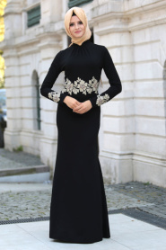 Neva Style - Beli Çiçek Dantelli Siyah Tesettür Abiye Elbise 10048S - Thumbnail