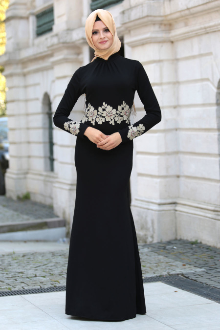 Neva Style - Beli Çiçek Dantelli Siyah Tesettür Abiye Elbise 10048S
