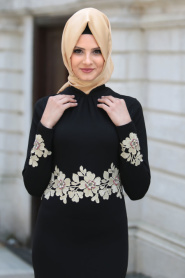 Neva Style - Beli Çiçek Dantelli Siyah Tesettür Abiye Elbise 10048S - Thumbnail