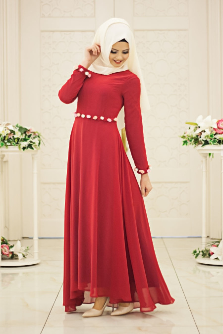 Neva Style - Beli Çiçek Detaylı Kırmızı Tesettür Elbise 40810VSN