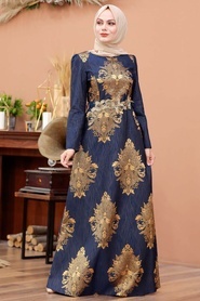 Neva Style - Beli Çiçek Detaylı Lacivert Tesettür Abiye Elbise 2680L - Thumbnail