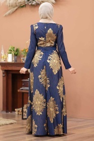 Neva Style - Beli Çiçek Detaylı Lacivert Tesettür Abiye Elbise 2680L - Thumbnail
