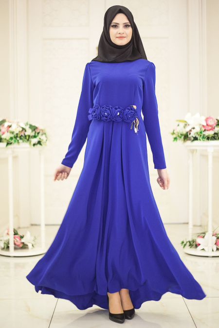 Neva Style - Beli Çiçek Detaylı Sax Mavisi Tesettür Elbise 41080SX