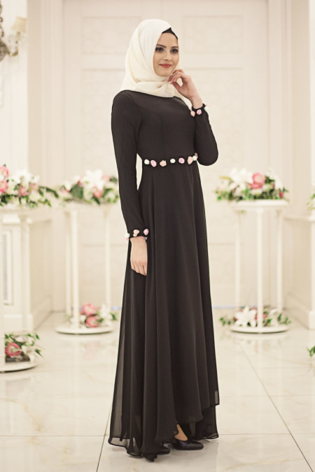 Neva Style - Beli Çiçek Detaylı Siyah Tesettür Elbise 40810S