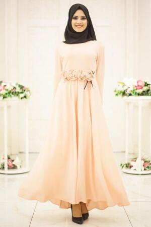 Neva Style - Beli Çiçek Detaylı Somon Tesettür Elbise 41080SMN - 1
