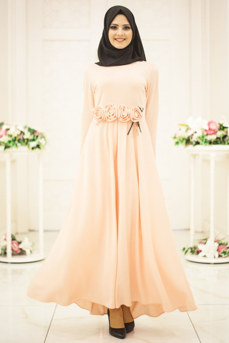 Neva Style - Beli Çiçek Detaylı Somon Tesettür Elbise 41080SMN