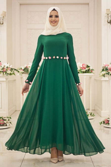 Neva Style - Beli Çiçek Detaylı Yeşil Tesettür Elbise 40810Y