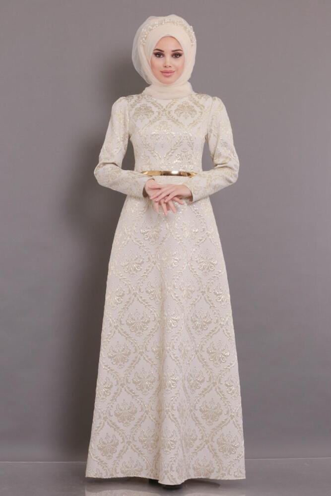 Neva Style - Beli Çiçek Kemerli Ekru Tesettür Abiye Elbise 2367E - 2