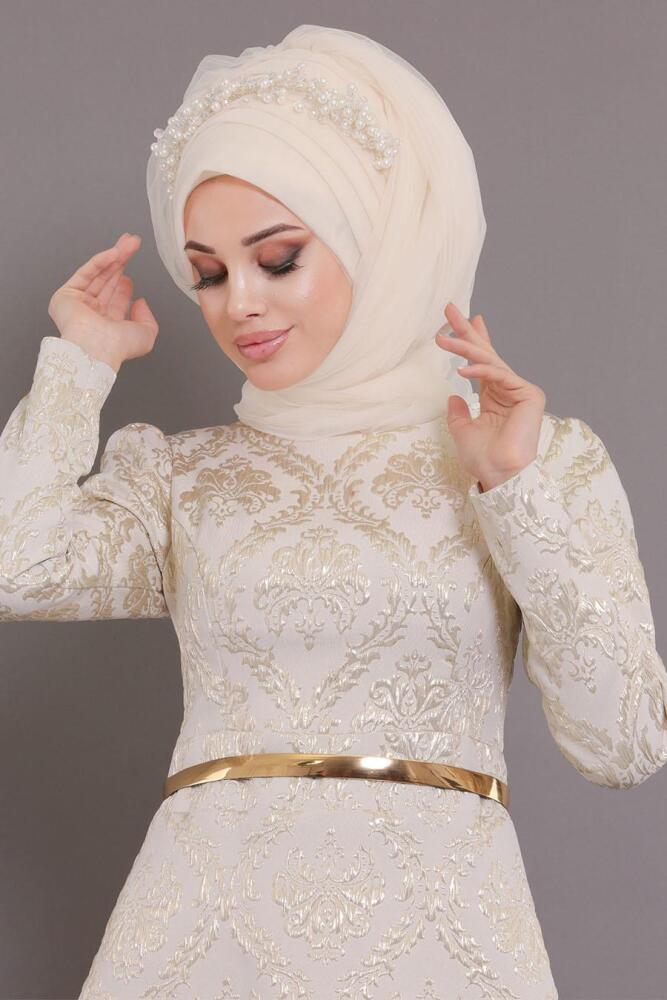 Neva Style - Beli Çiçek Kemerli Ekru Tesettür Abiye Elbise 2367E - 3
