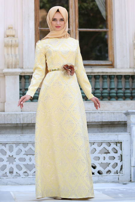 Neva Style - Beli Çiçek Kemerli Sarı Tesettür Abiye Elbise 2367SR