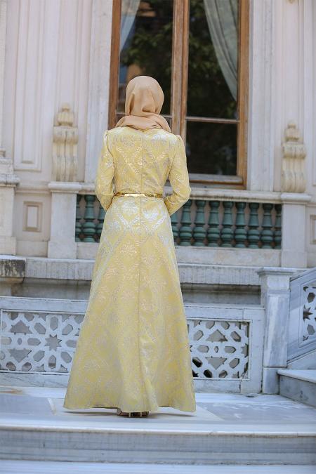 Neva Style - Beli Çiçek Kemerli Sarı Tesettür Abiye Elbise 2367SR - 2