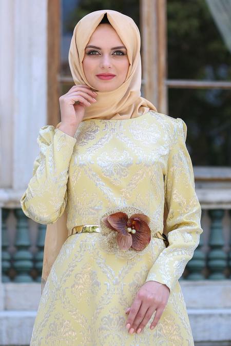 Neva Style - Beli Çiçek Kemerli Sarı Tesettür Abiye Elbise 2367SR - 3
