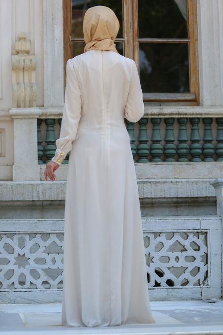 Neva Style - Beli Dantel Detaylı Ekru Tesettürlü Abiye Elbise 4216E - 2